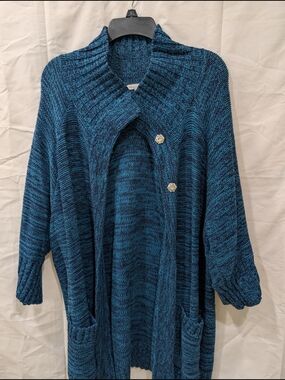 New York & Company Teal Blue Marled Knit Button Front Duster Cardigan XL